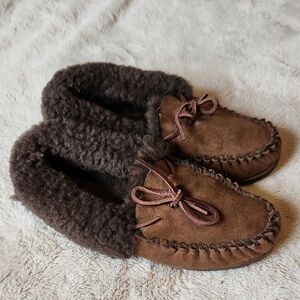 L.L. Bean Tan Suede Slippers with Dark Brown Lining